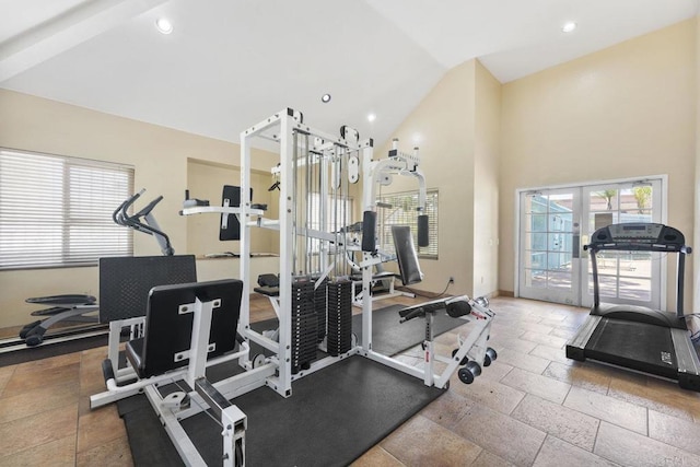 12032 Calle De Medio Unit 169, El Cajon, CA 92019 - workout room with plenty of natural light, lofted ceiling, stone tile flooring, recessed lighting, and french doors