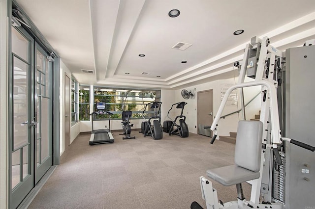 12672 Carmel Country Rd Unit 51, San Diego, CA 92130 - workout area with a tray ceiling, recessed lighting, and light colored carpet