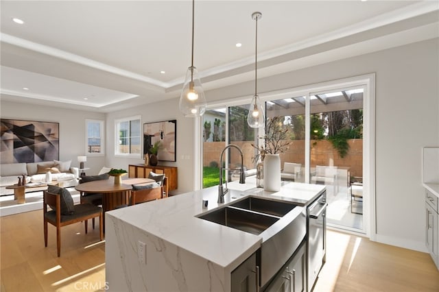 6023 Kauffman Ave, Temple City, CA 91780 - kitchen featuring a tray ceiling, light wood finished floors, healthy amount of natural light, and recessed lighting