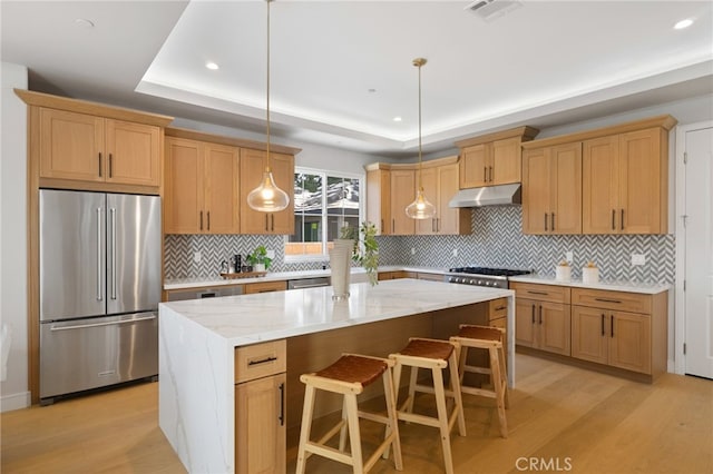 6023 Kauffman Ave, Temple City, CA 91780 - kitchen with stainless steel appliances, under cabinet range hood, a tray ceiling, light wood finished floors, and recessed lighting