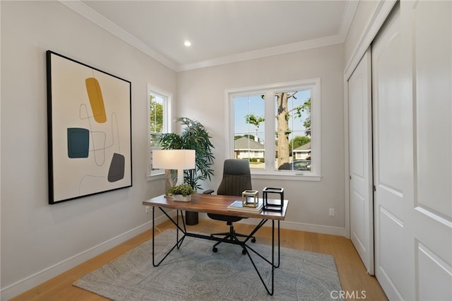 6023 Kauffman Ave, Temple City, CA 91780 - office area with light wood finished floors, plenty of natural light, ornamental molding, and recessed lighting
