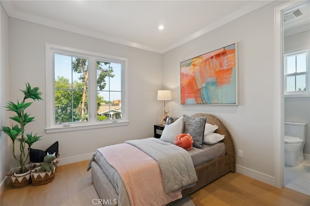 6023 Kauffman Ave, Temple City, CA 91780 - bedroom featuring wood finished floors, crown molding, recessed lighting, and ensuite bath