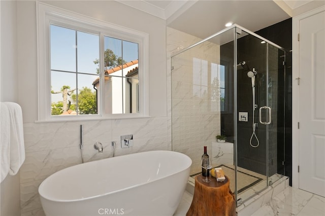 6023 Kauffman Ave, Temple City, CA 91780 - full bath with a soaking tub, a shower stall, marble finish floors, tile walls, and recessed lighting