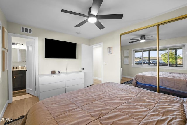 527 Keyser Rondo, Camarillo, CA 93010 - bedroom with light wood-style floors, a closet, ceiling fan, and ensuite bathroom