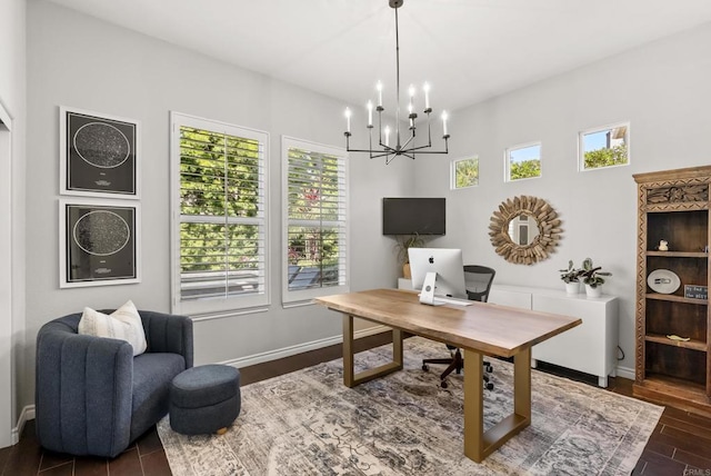 1480 Regatta Rd, Carlsbad, CA 92011 - office area featuring healthy amount of natural light, dark wood-style flooring, and a chandelier
