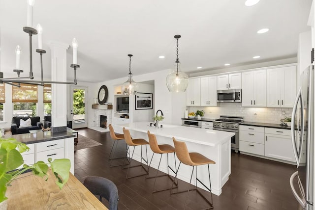 1480 Regatta Rd, Carlsbad, CA 92011 - kitchen with appliances with stainless steel finishes, a stone fireplace, decorative backsplash, dark wood-style floors, and recessed lighting