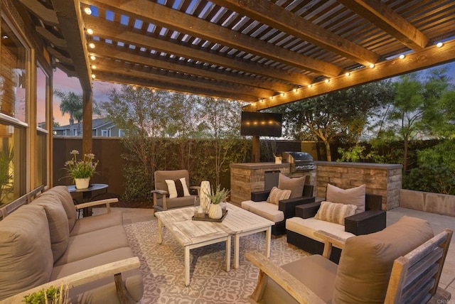 1480 Regatta Rd, Carlsbad, CA 92011 - fenced backyard with outdoor lounge area, an outdoor kitchen, and a patio