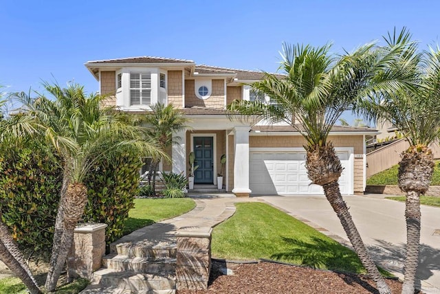 1480 Regatta Rd, Carlsbad, CA 92011 - view of front of house featuring concrete driveway, a front yard, a tile roof, and an attached garage