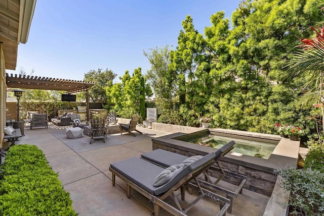 1480 Regatta Rd, Carlsbad, CA 92011 - view of patio / terrace featuring an in-ground hot tub, an outdoor hangout area, and a pergola