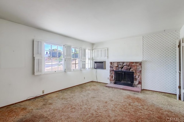 1970 El Prado Ave, Lemon Grove, CA 91945 - unfurnished living room with a stone fireplace, carpet floors, wallpapered walls, and cooling unit