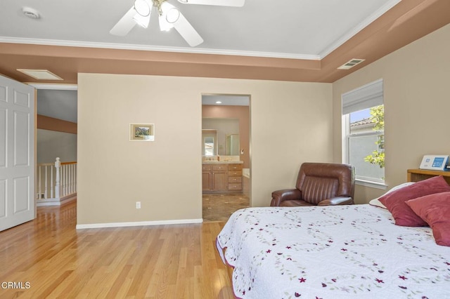 1776 Marsala Way, Camarillo, CA 93012 - bedroom with light wood-style floors, crown molding, ensuite bathroom, and ceiling fan