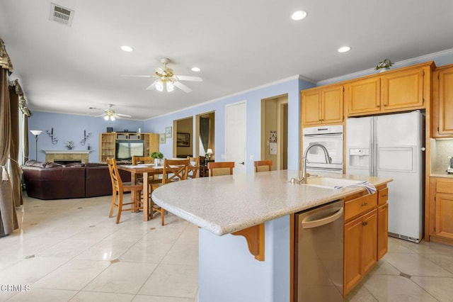 1776 Marsala Way, Camarillo, CA 93012 - kitchen featuring white fridge with ice dispenser, dishwasher, crown molding, ceiling fan, and light tile patterned flooring