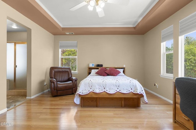 1776 Marsala Way, Camarillo, CA 93012 - bedroom with a tray ceiling, ornamental molding, light wood-style floors, and a ceiling fan