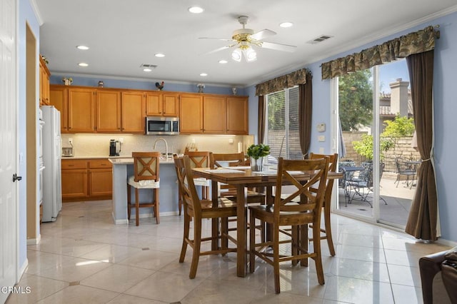1776 Marsala Way, Camarillo, CA 93012 - dining space featuring ornamental molding, ceiling fan, recessed lighting, and light tile patterned floors