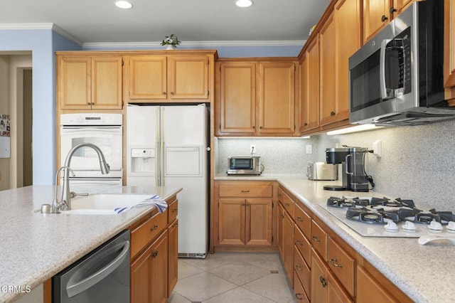 1776 Marsala Way, Camarillo, CA 93012 - kitchen with stainless steel appliances, light countertops, crown molding, light tile patterned flooring, and backsplash