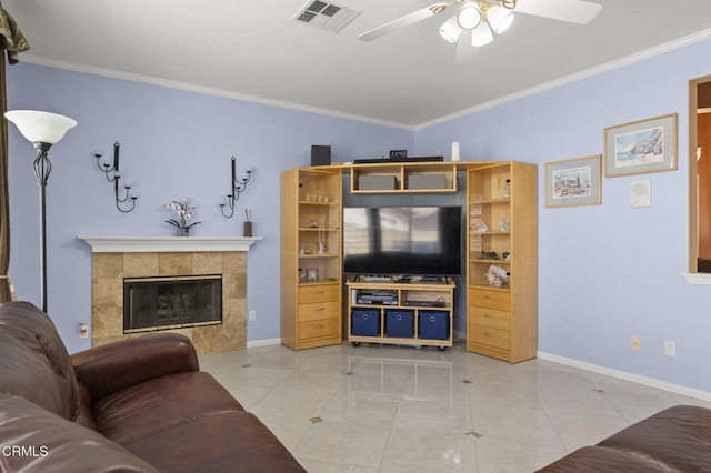 1776 Marsala Way, Camarillo, CA 93012 - living room with a ceiling fan, crown molding, a fireplace, and light tile patterned floors