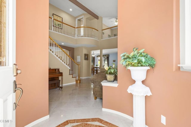 1776 Marsala Way, Camarillo, CA 93012 - foyer entrance featuring stairway, ceiling fan, a high ceiling, and tile patterned flooring