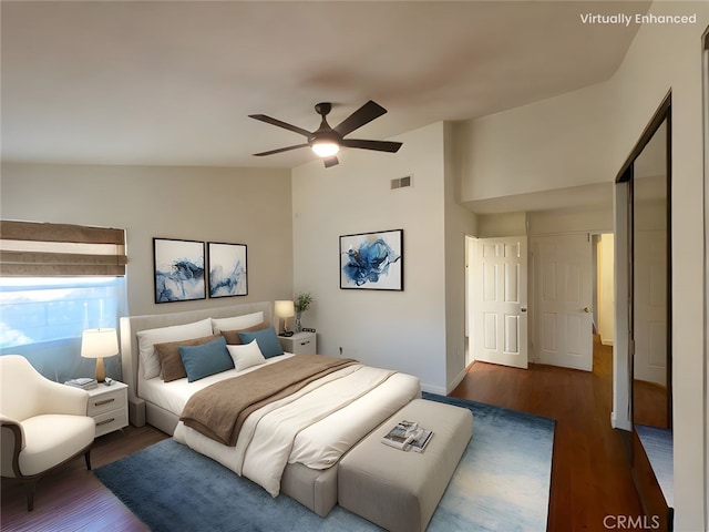 25488 Orange Crest Way, Loma Linda, CA 92354 - bedroom with wood finished floors, vaulted ceiling, and ceiling fan