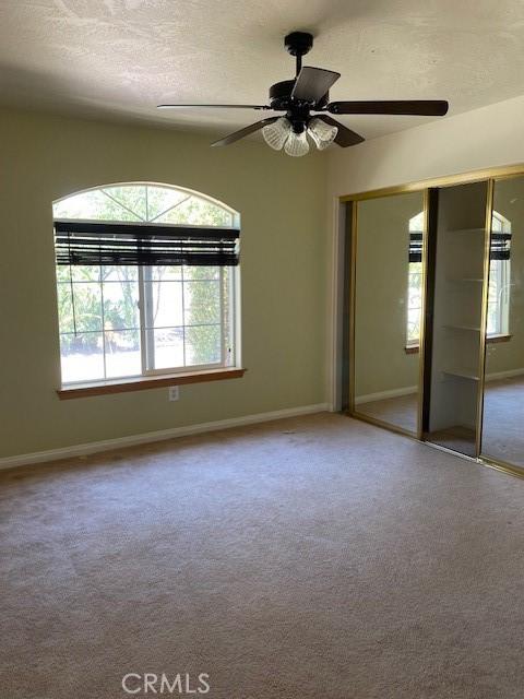 15805 Muscatel St, Hesperia, CA 92345 - empty room with plenty of natural light, carpet flooring, a ceiling fan, and a textured ceiling