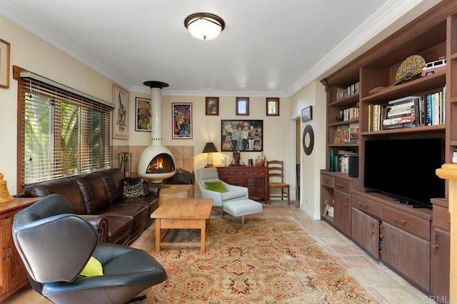 934 Arden Dr, Encinitas, CA 92024 - living area featuring ornamental molding and a wood stove