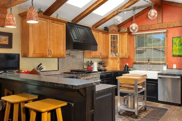 934 Arden Dr, Encinitas, CA 92024 - kitchen featuring stainless steel dishwasher, custom exhaust hood, dark countertops, and decorative backsplash