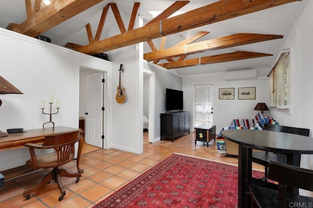 934 Arden Dr, Encinitas, CA 92024 - living room featuring an AC wall unit, light tile patterned flooring, beam ceiling, plenty of natural light, and a desk