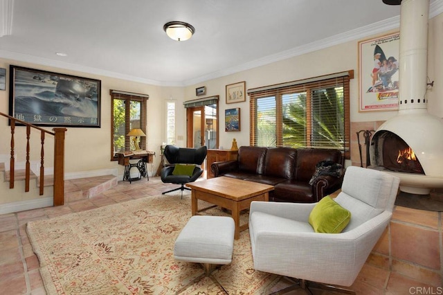 934 Arden Dr, Encinitas, CA 92024 - living room featuring healthy amount of natural light, ornamental molding, and stairway