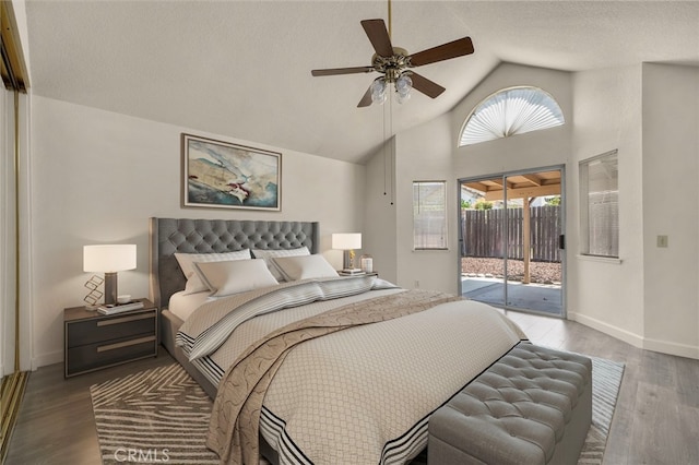 7353 Cascade Ct, Rancho Cucamonga, CA 91730 - bedroom with access to outside, wood finished floors, a ceiling fan, and high vaulted ceiling