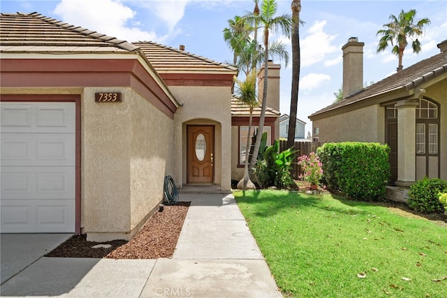 7353 Cascade Ct, Rancho Cucamonga, CA 91730 - doorway to property featuring stucco siding, a tile roof, and an attached garage