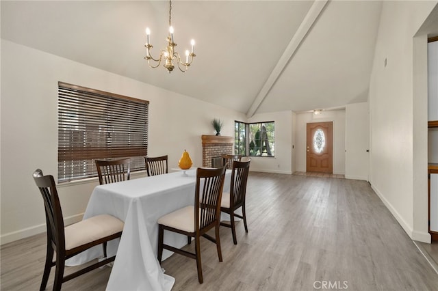 7353 Cascade Ct, Rancho Cucamonga, CA 91730 - dining room featuring a chandelier, beamed ceiling, wood finished floors, and high vaulted ceiling