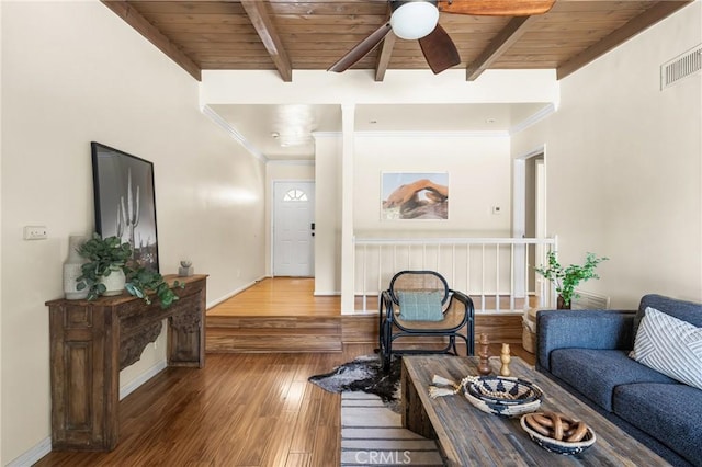 15027 Barnwall St, La Mirada, CA 90638 - living room featuring wood-type flooring, a ceiling fan, a wooden ceiling with exposed beams, and crown molding