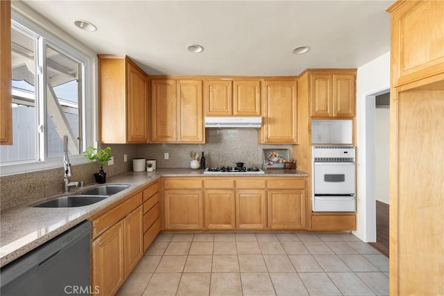 15027 Barnwall St, La Mirada, CA 90638 - kitchen featuring oven, dishwashing machine, a warming drawer, under cabinet range hood, and light tile patterned flooring