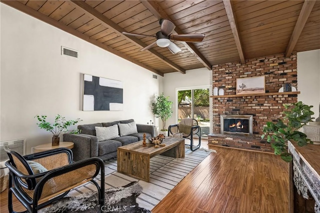 15027 Barnwall St, La Mirada, CA 90638 - living area featuring wooden ceiling, wood finished floors, a ceiling fan, and a fireplace