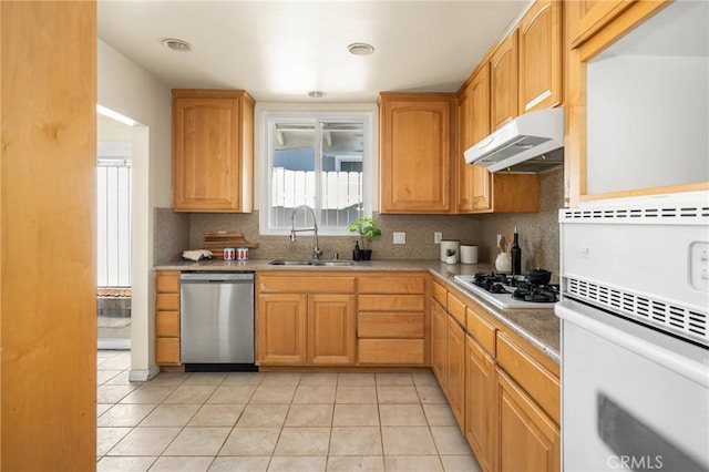 15027 Barnwall St, La Mirada, CA 90638 - kitchen featuring white appliances, under cabinet range hood, tasteful backsplash, light tile patterned flooring, and light countertops