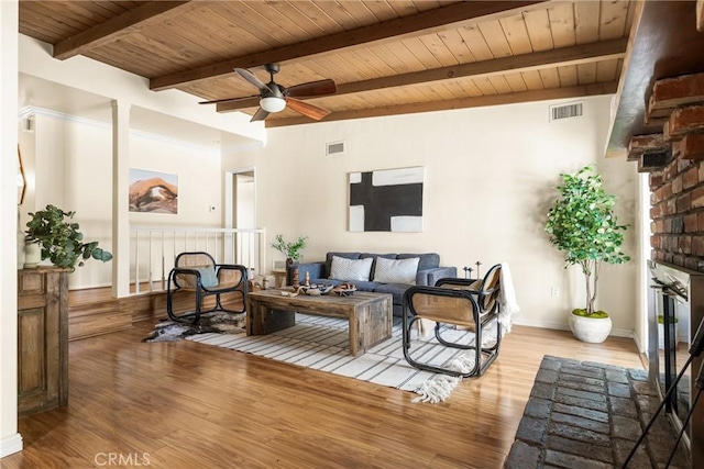 15027 Barnwall St, La Mirada, CA 90638 - living area with a brick fireplace, ceiling fan, wood finished floors, and a wood ceiling with exposed beams