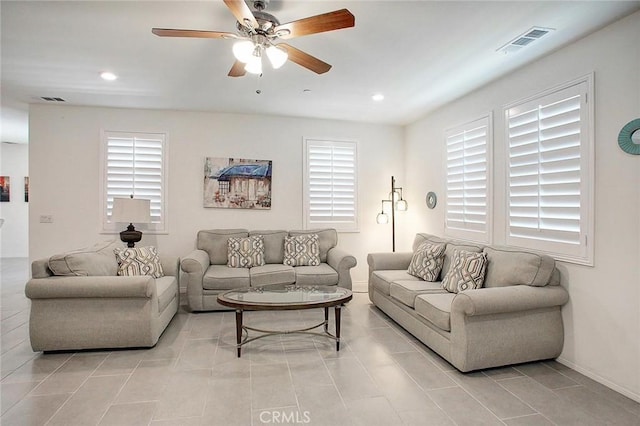 5621 Avocet Dr, Jurupa Valley, CA 91752 - living area featuring ceiling fan, light tile patterned floors, and recessed lighting