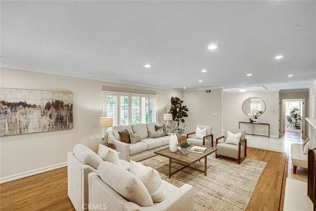 4843 Texhoma Ave, Encino, CA 91316 - living area featuring crown molding, recessed lighting, plenty of natural light, and light wood-type flooring