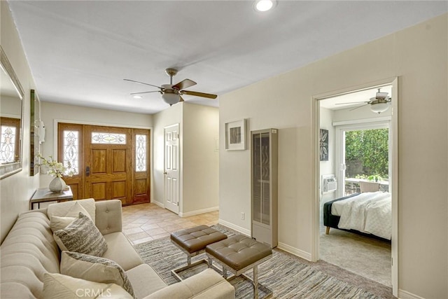4843 Texhoma Ave, Encino, CA 91316 - living room with a ceiling fan, a heating unit, and recessed lighting