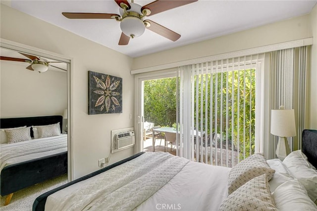 4843 Texhoma Ave, Encino, CA 91316 - carpeted bedroom featuring a wall mounted AC, access to exterior, ceiling fan, and a closet