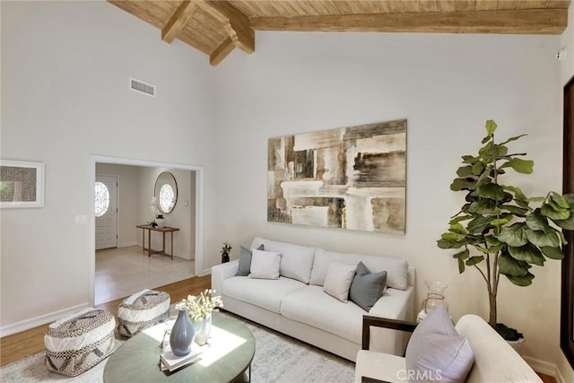 4843 Texhoma Ave, Encino, CA 91316 - living area featuring a wood ceiling with exposed beams, wood finished floors, and high vaulted ceiling