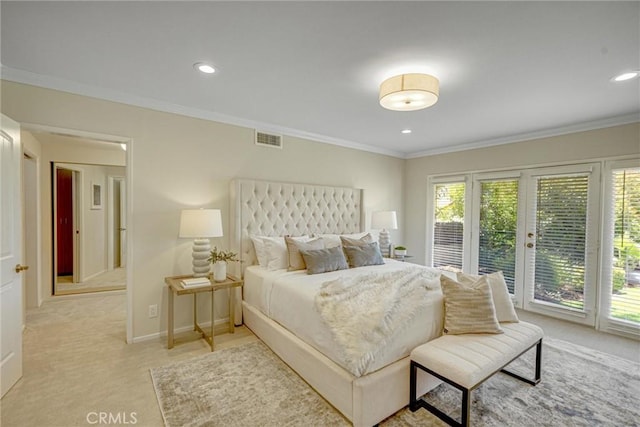 4843 Texhoma Ave, Encino, CA 91316 - bedroom with access to exterior, light carpet, crown molding, and recessed lighting