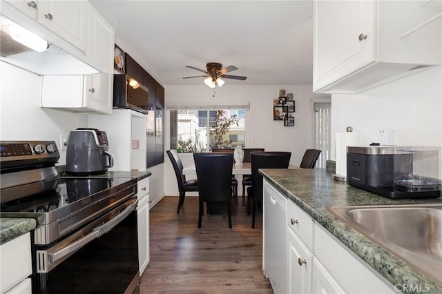 10757 Hortense St Unit 102, North Hollywood, CA 91602 - kitchen with stainless steel appliances, a ceiling fan, dark wood-style flooring, white cabinetry, and under cabinet range hood