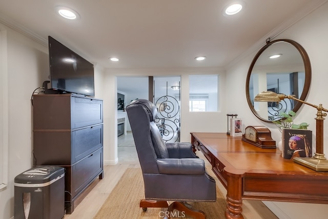 1906 S Patton Ave, San Pedro, CA 90732 - home office featuring ornamental molding, light wood-style flooring, and recessed lighting