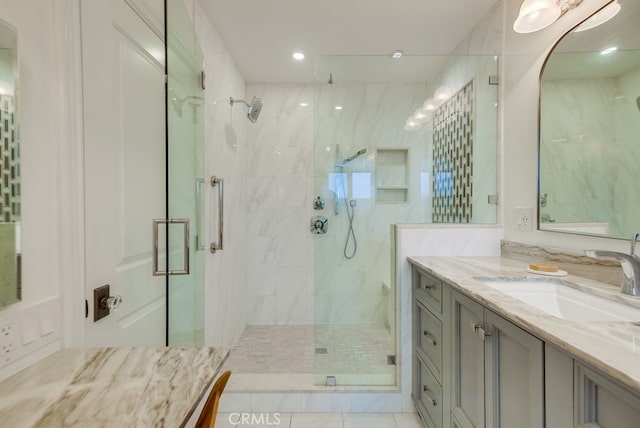 1906 S Patton Ave, San Pedro, CA 90732 - full bathroom with a marble finish shower, vanity, and recessed lighting