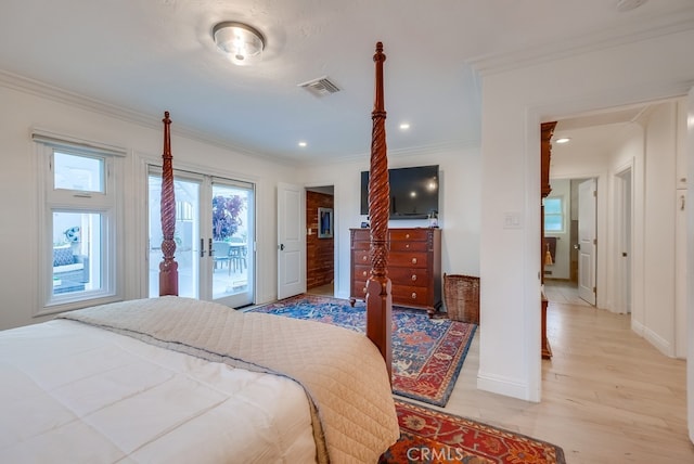 1906 S Patton Ave, San Pedro, CA 90732 - bedroom featuring access to exterior, light wood-style flooring, ornamental molding, and recessed lighting