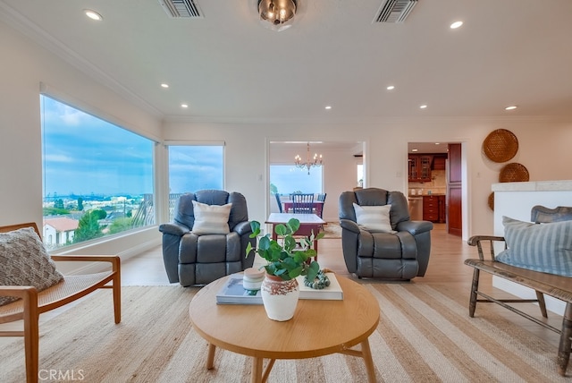 1906 S Patton Ave, San Pedro, CA 90732 - living area featuring a chandelier, plenty of natural light, recessed lighting, crown molding, and light wood-style flooring