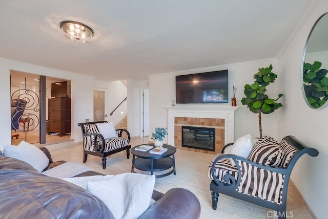 1906 S Patton Ave, San Pedro, CA 90732 - living room featuring a fireplace, stairway, and ornamental molding