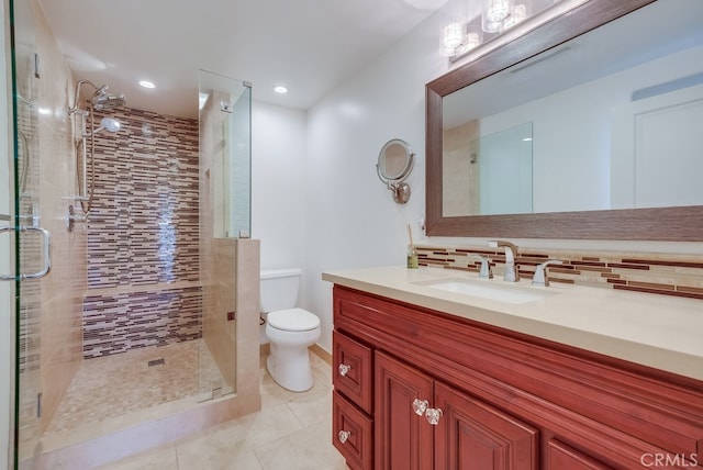 1906 S Patton Ave, San Pedro, CA 90732 - full bathroom with vanity, a stall shower, decorative backsplash, tile patterned flooring, and recessed lighting
