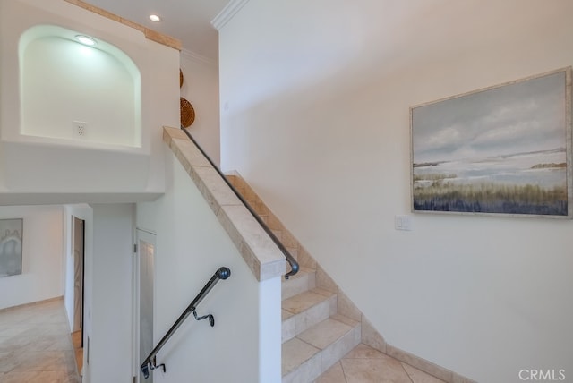 1906 S Patton Ave, San Pedro, CA 90732 - staircase featuring tile patterned flooring, recessed lighting, and ornamental molding