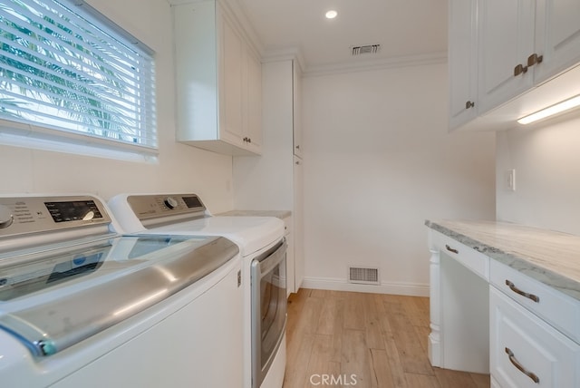 1906 S Patton Ave, San Pedro, CA 90732 - laundry area with independent washer and dryer, light wood-type flooring, cabinet space, recessed lighting, and ornamental molding